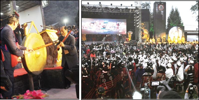 (Left)Nagaland Governor, RN Ravi and Chief Minister, Neiphiu Rio ringing the traditional bong to open the 2019 edition of the Hornbill Festival. (Right) A view of the opening ceremony of the Hornbill Festival at Naga Heritage Village, Kisama on December 1. File Photo